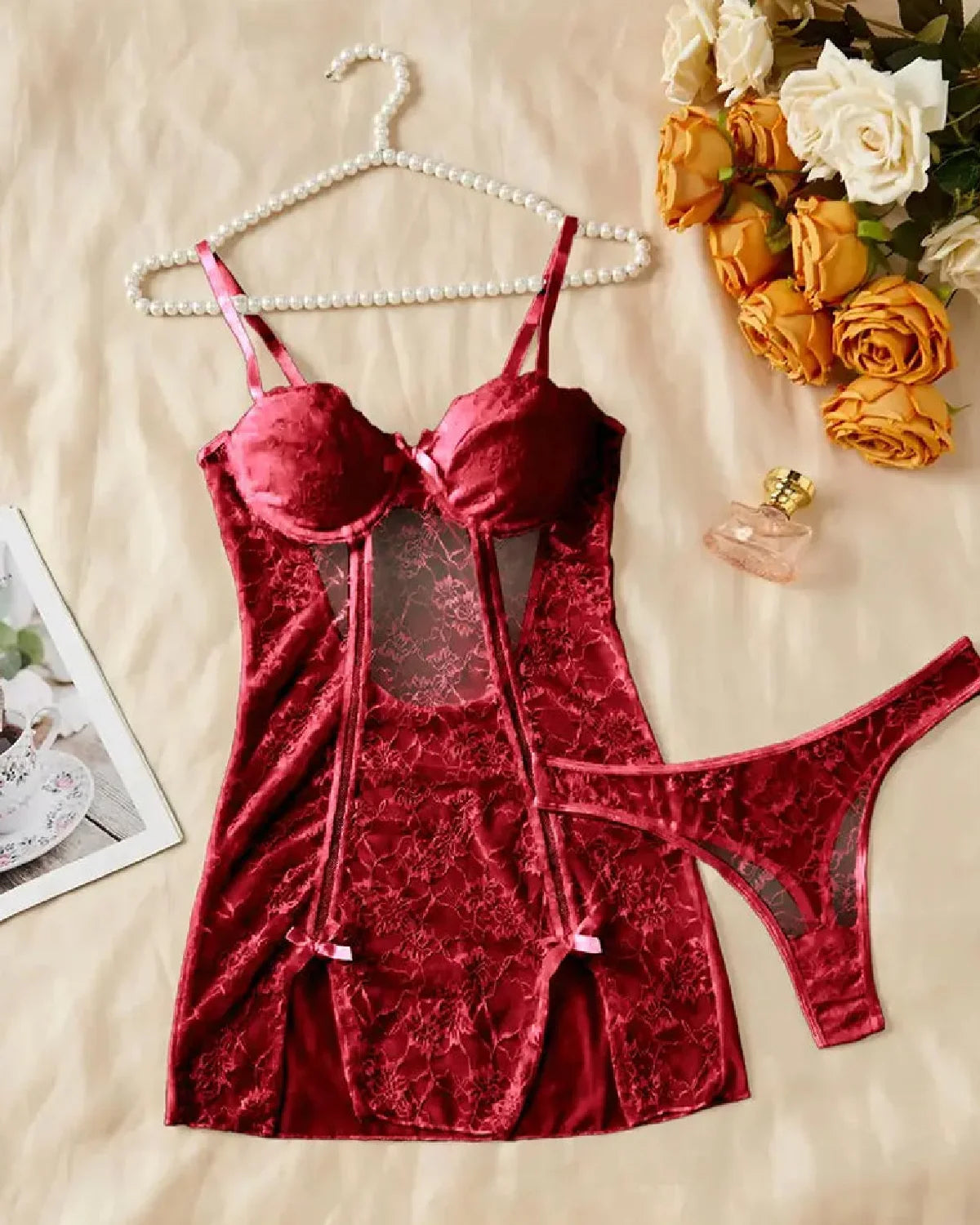 Women's Sexy Floral Lace See-through Slip Dress and Thong Set