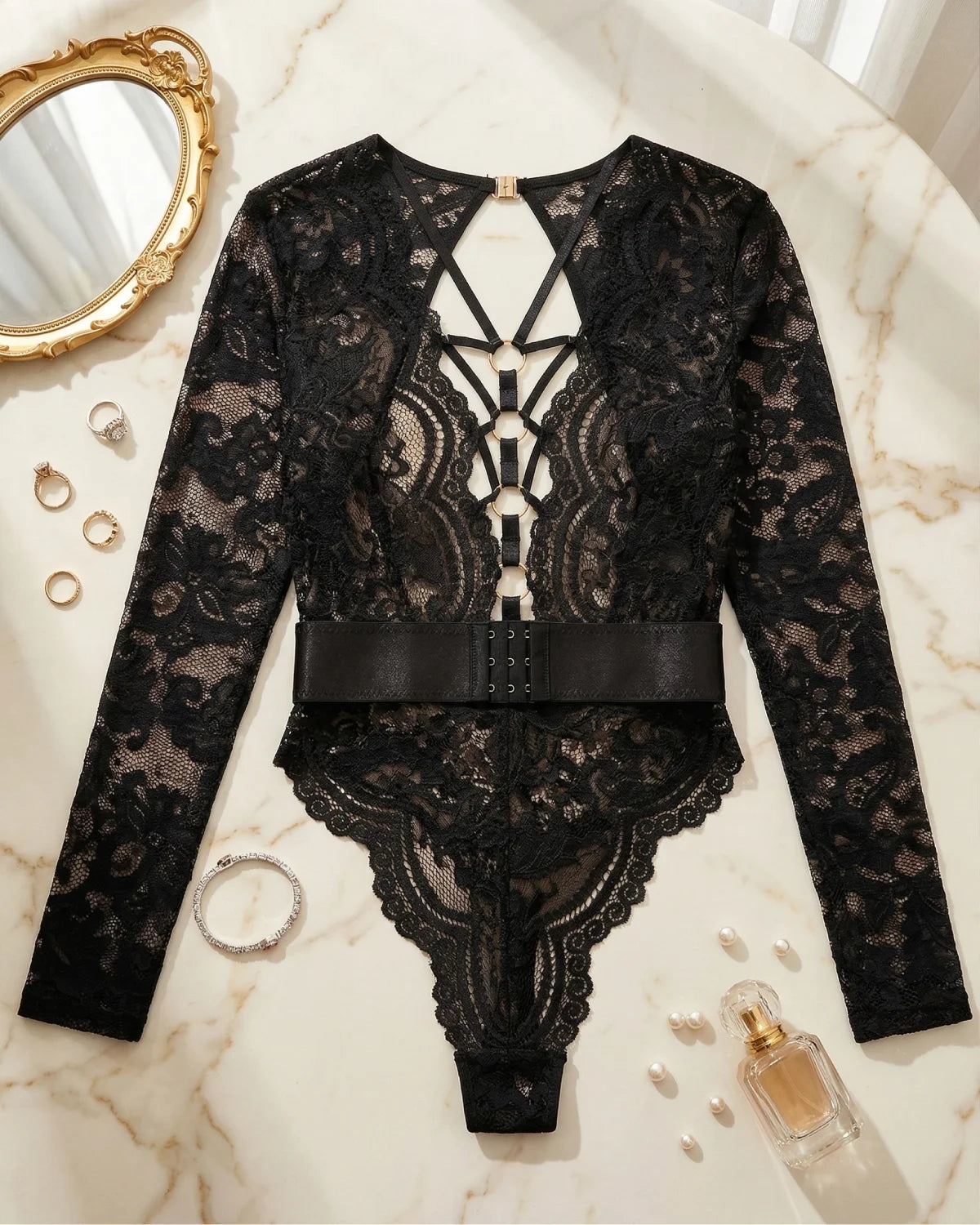 Sexy Deep V Mesh Transparent Backless Hollow Long-sleeved Open Crotch One-piece Pajamas