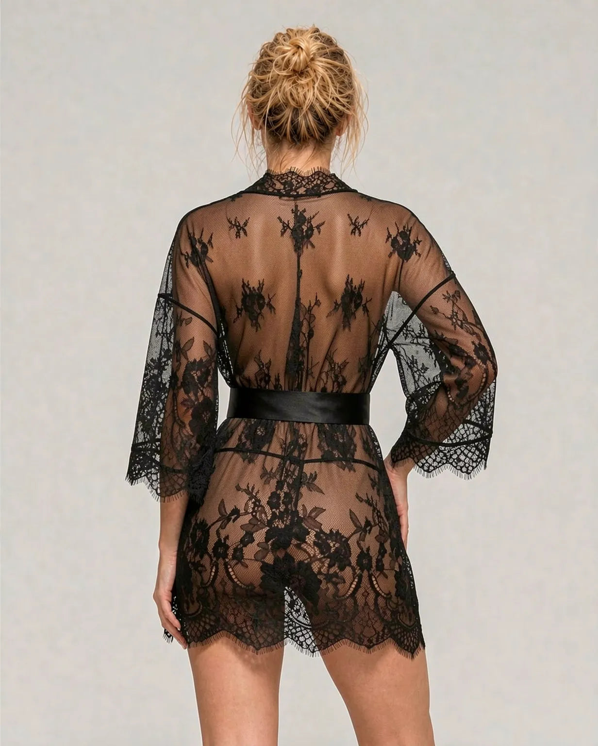 Elodie Sheer Black Lace Kimono Robe