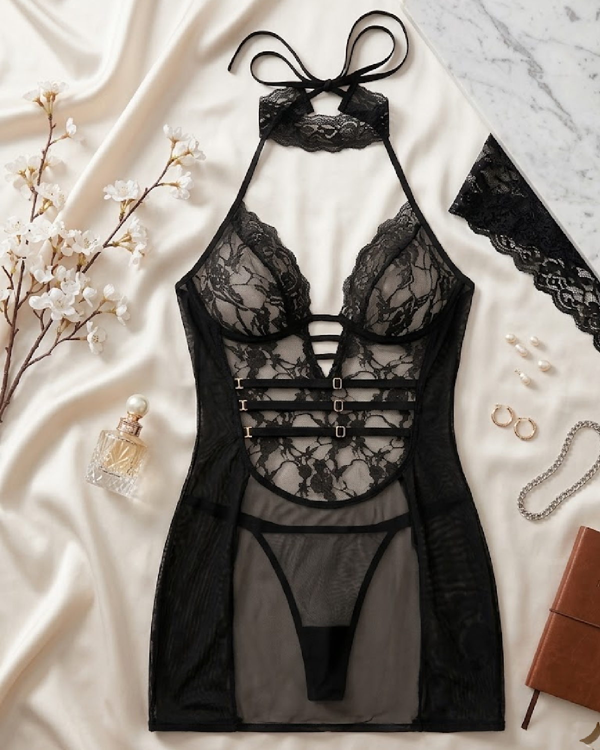 Celina Lace Mesh Garter Nightdress