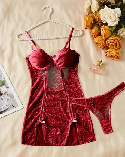 Women's Sexy Floral Lace See-through Slip Dress and Thong Set