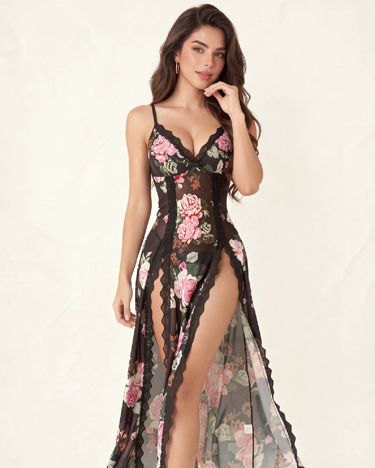 Sexy Mesh V Neck Side Split Nightdress