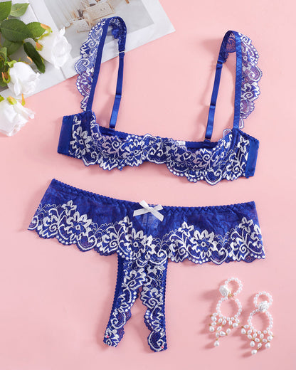 Sexy Lace Mesh Open Crotch Hollow Bra Underwear Set