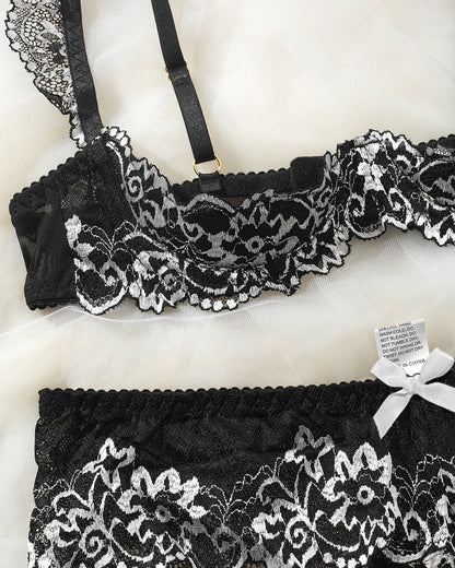 Sexy Lace Mesh Open Crotch Hollow Bra Underwear Set