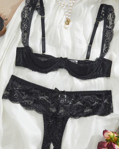 Sexy Lace Mesh Open Crotch Hollow Bra Underwear Set