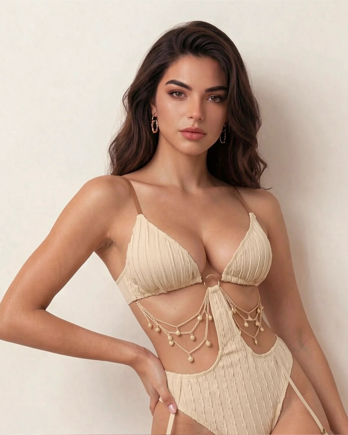 Sexy Tie-up Openwork Chain-decorated One-piece Swimsuit