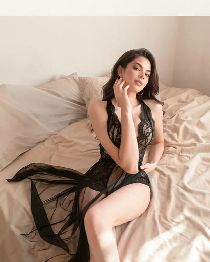 Sexy Lace Halter-neck Open-crotch Bodysuit and Mesh Sheer Long Cover-up Set