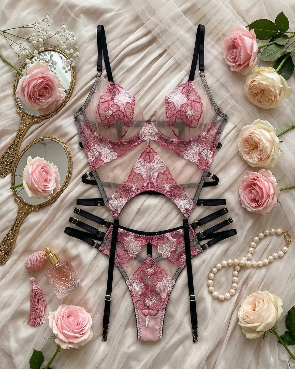 Luna Deep V Colorblock Embroidered Garter Set