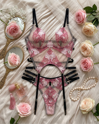 Luna Deep V Colorblock Embroidered Garter Set