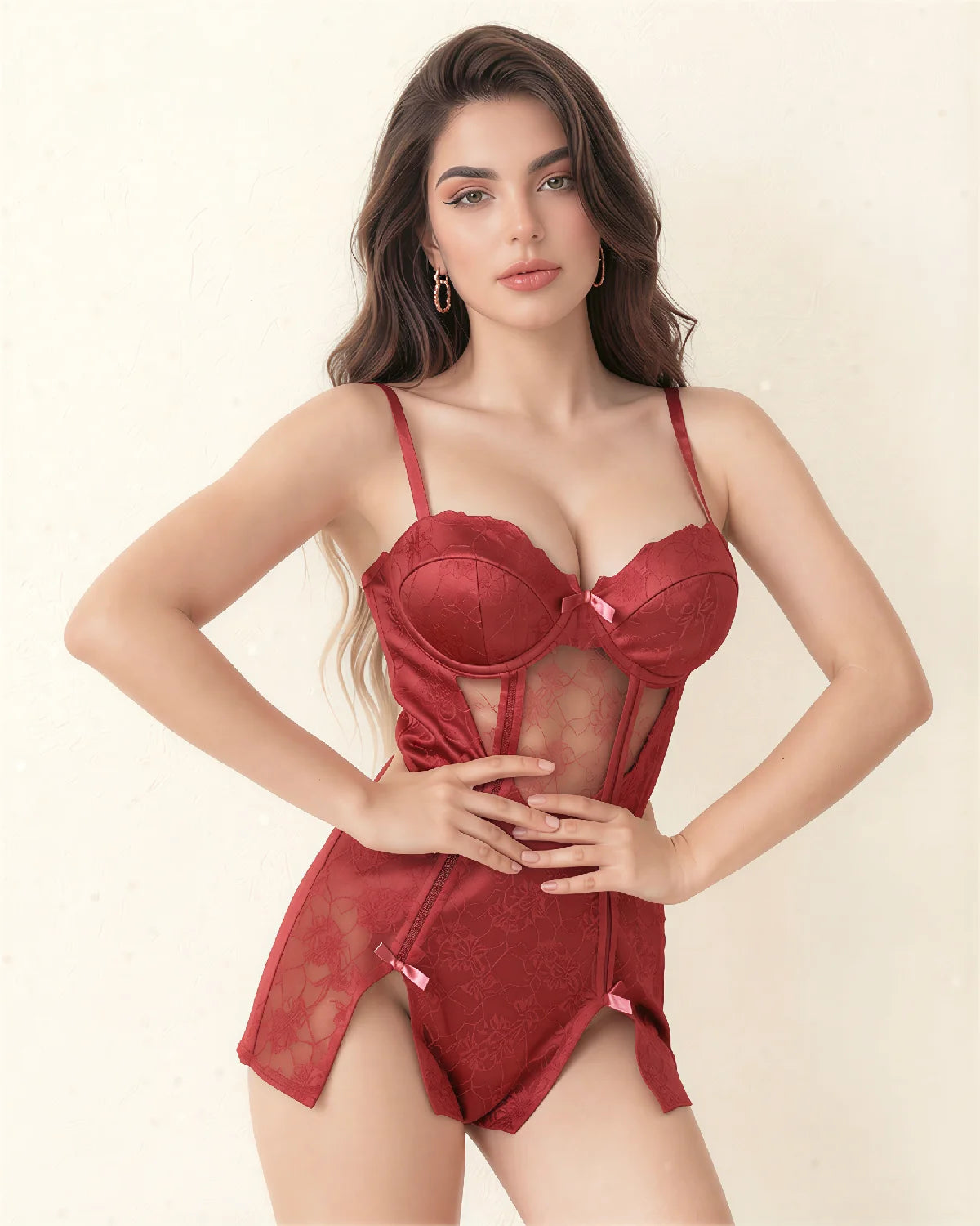 Women's Sexy Floral Lace See-through Slip Dress and Thong Set