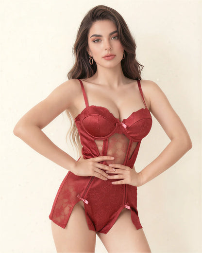 Women's Sexy Floral Lace See-through Slip Dress and Thong Set