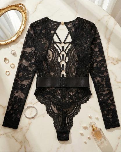 Sexy Deep V Mesh Transparent Backless Hollow Long-sleeved Open Crotch One-piece Pajamas