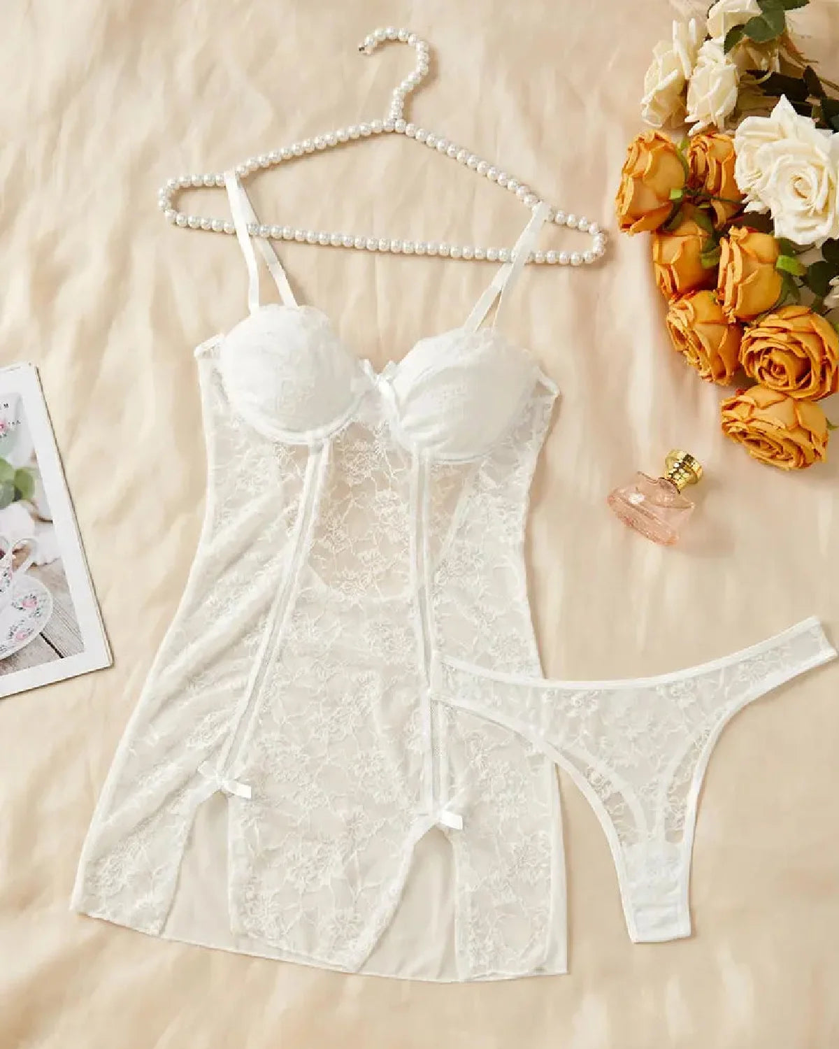 Women's Sexy Floral Lace See-through Slip Dress and Thong Set