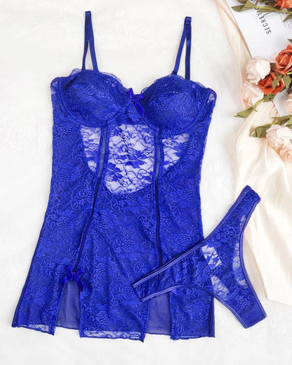 Women's Sexy Floral Lace See-through Slip Dress and Thong Set