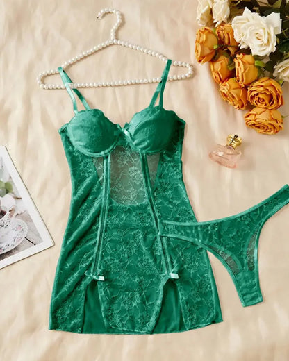 Women's Sexy Floral Lace See-through Slip Dress and Thong Set