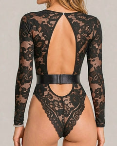 Sabine Black Lace Mesh Long Sleeve Bodysuit