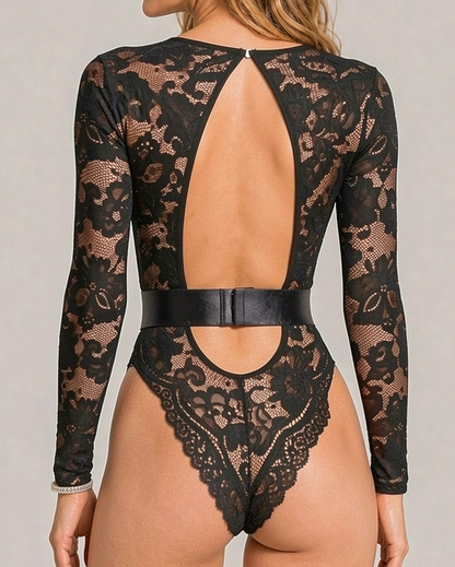 Sabine Black Lace Mesh Long Sleeve Bodysuit