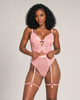 Helena Embroidered Mesh Garter Bodysuit Set - Pink
