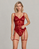 Elaris Lace Mesh Garter Bodysuit Set - Wine Red