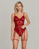 Elaris Lace Mesh Garter Bodysuit Set - Wine Red
