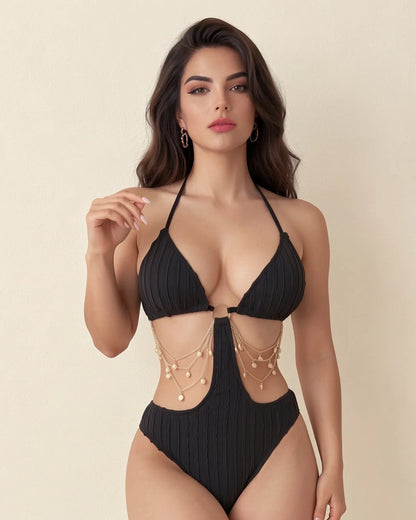Sexy Tie-up Openwork Chain-decorated One-piece Swimsuit