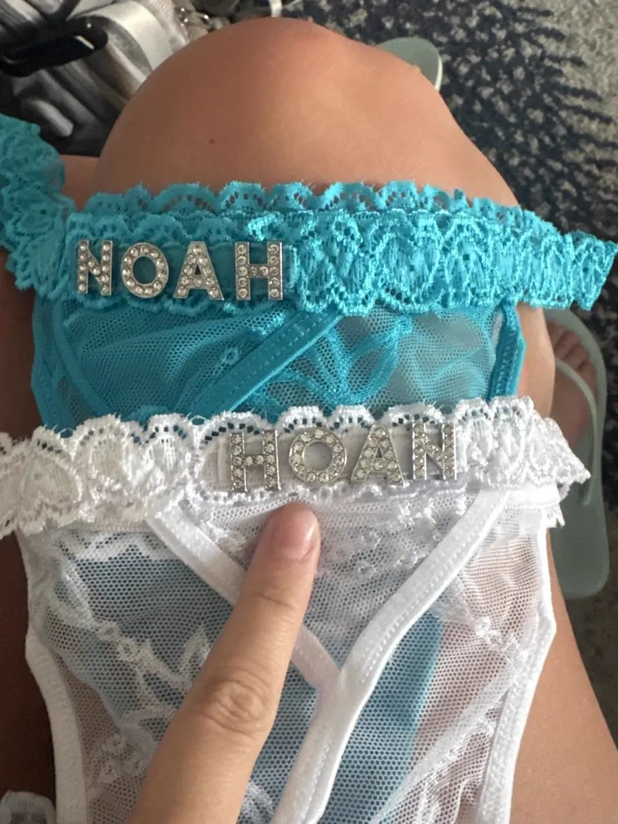 Blue and white personalized thongs with names